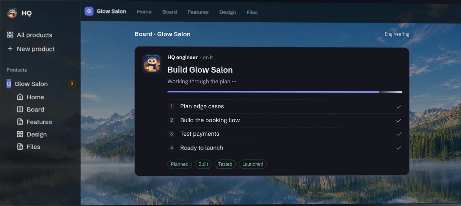 HQ build board with project tasks and progress