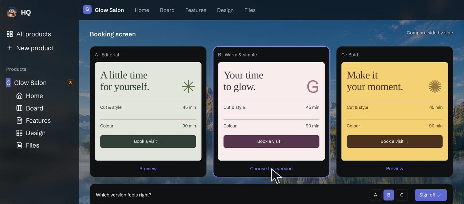 HQ design room showing three Glow Salon booking screen versions